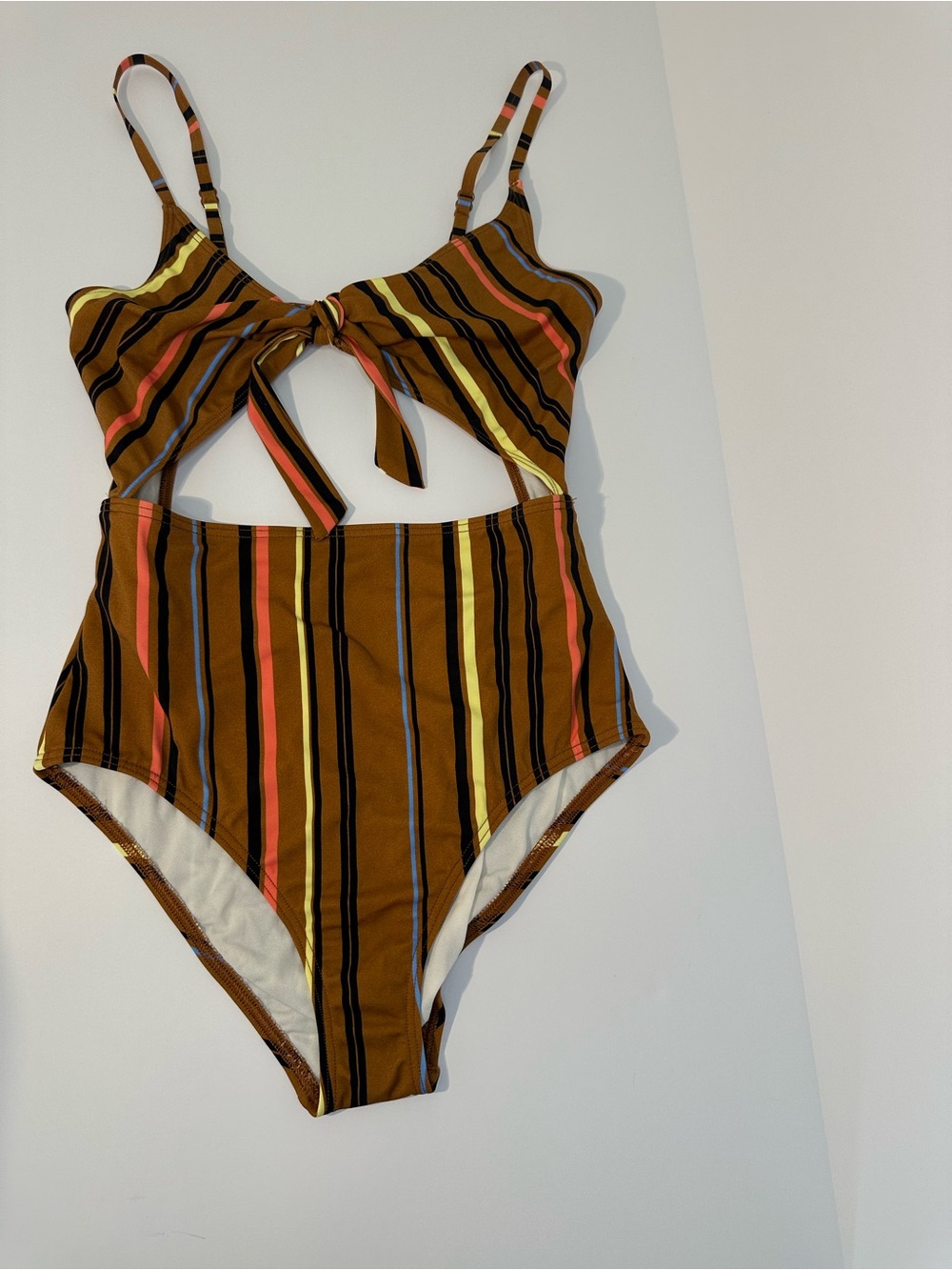 Out from under Brown Striped One-Piece Swimsuit with Yellow & Coral Stripes